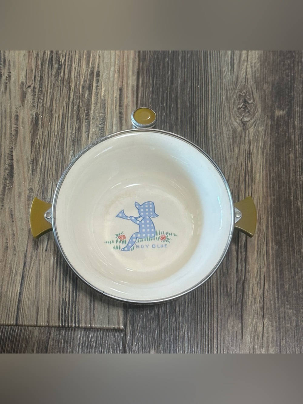 Excello 1940’s chromium BOY BLUE ceramic bowl warming dish VINTAGE baby feeding